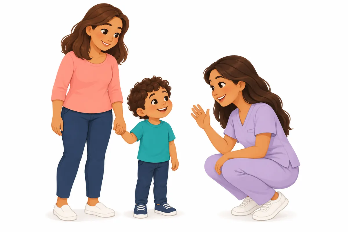 La odontopediatra saluda a un peque a su altura, acompañado de su mamá
