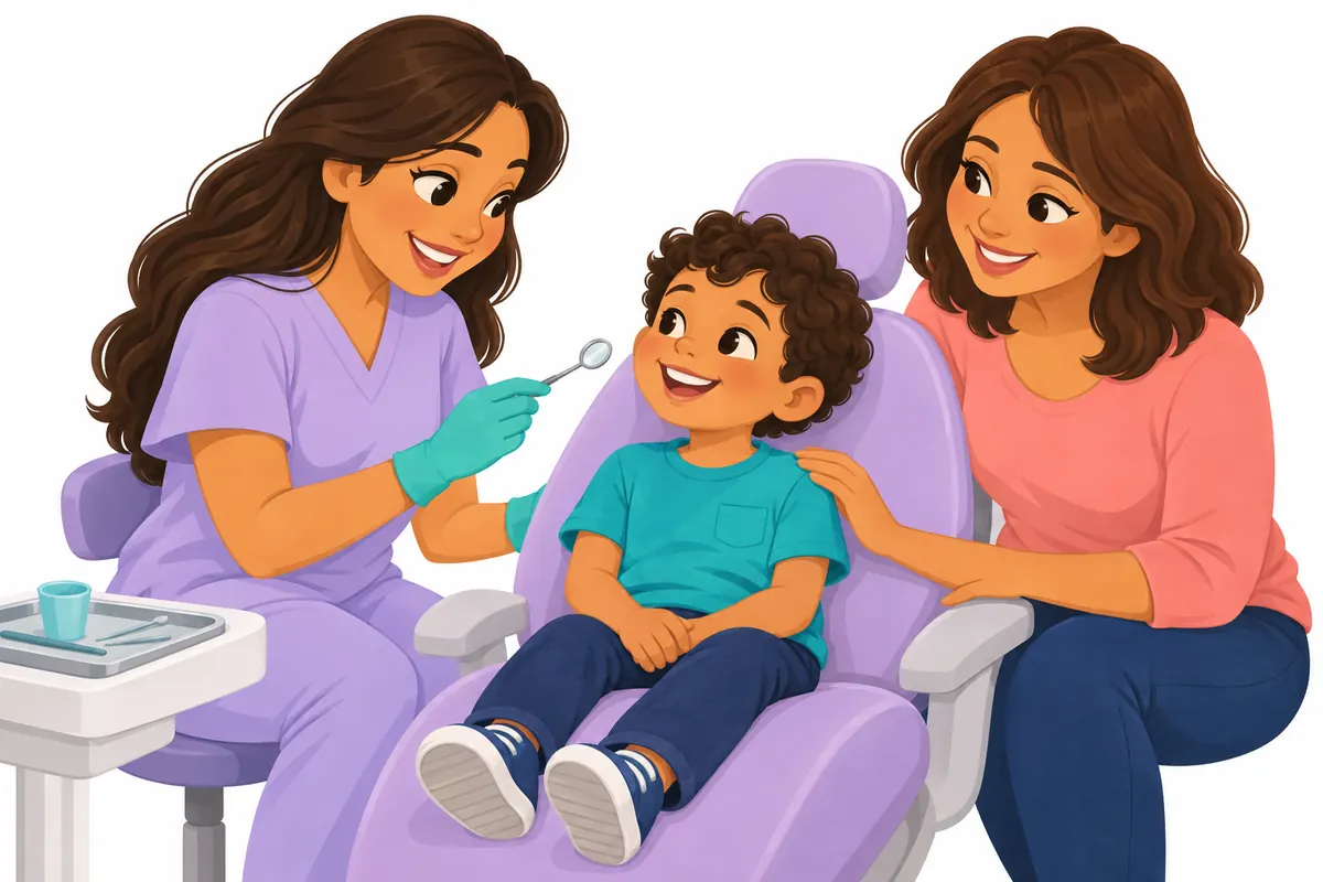 La doctora explica la revisión a un peque en el sillón dental, con su mamá a su lado